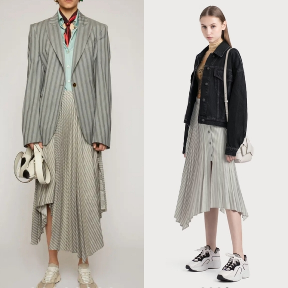 Acne Studios Ilia Stripe Asymmetric Pleated Midi Skirt Gray White 34/2 - Picture 4 of 14